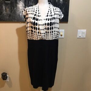 Alfani Black and White Polka Dot Empire Waist Pleated V Neckline Dress-Size 16